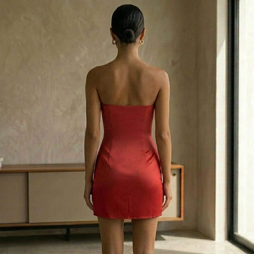 Strapless Red mini dress with straight neckline, fitted bodycon 3