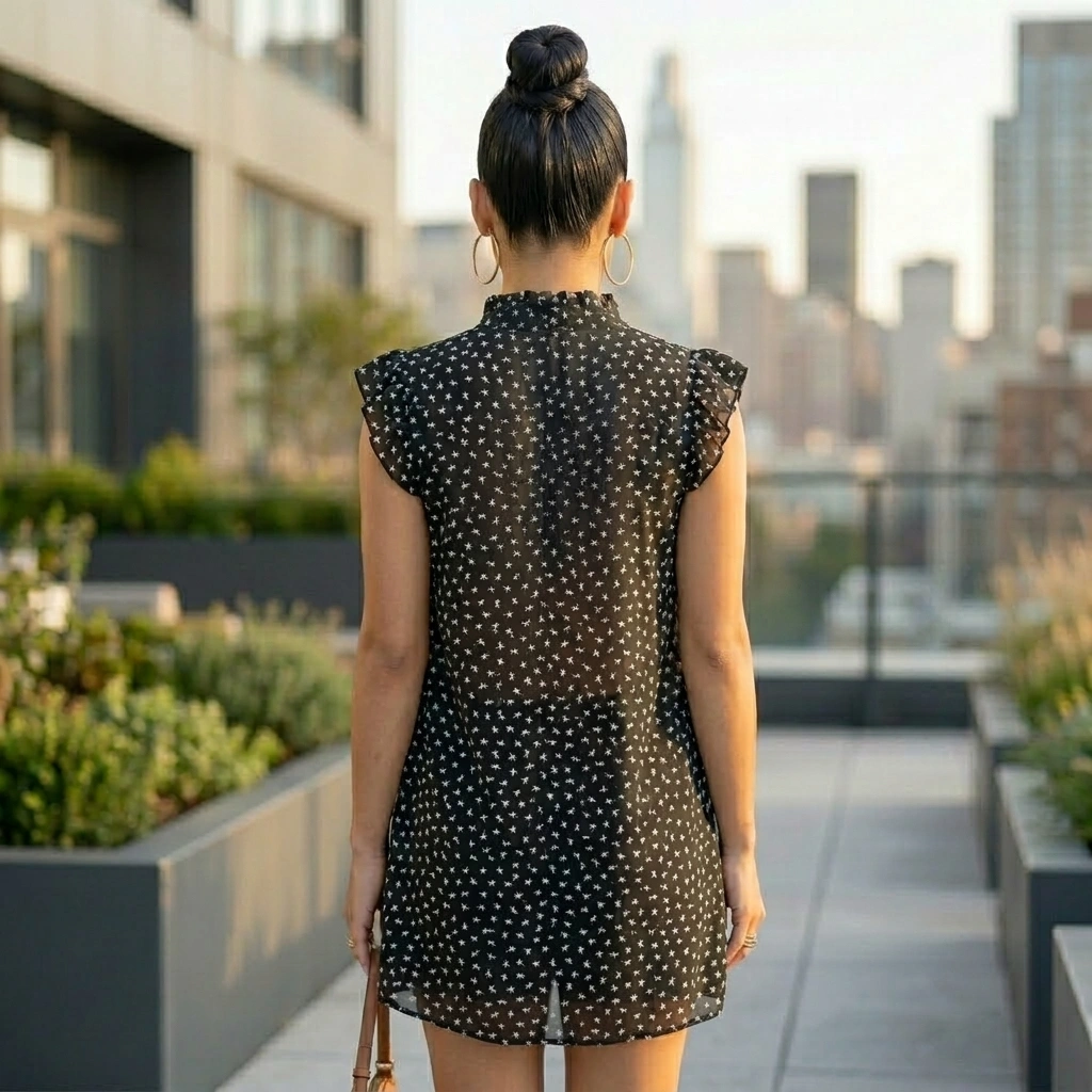 Sleeveless mini dress with white polka dot pattern on black sheer fabric 3