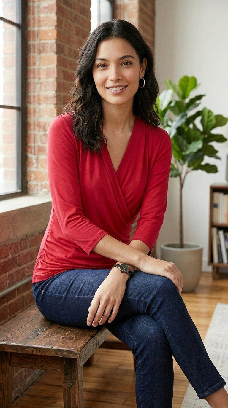 Red Hot Faux Wrap 3/4 Sleeve Top 2