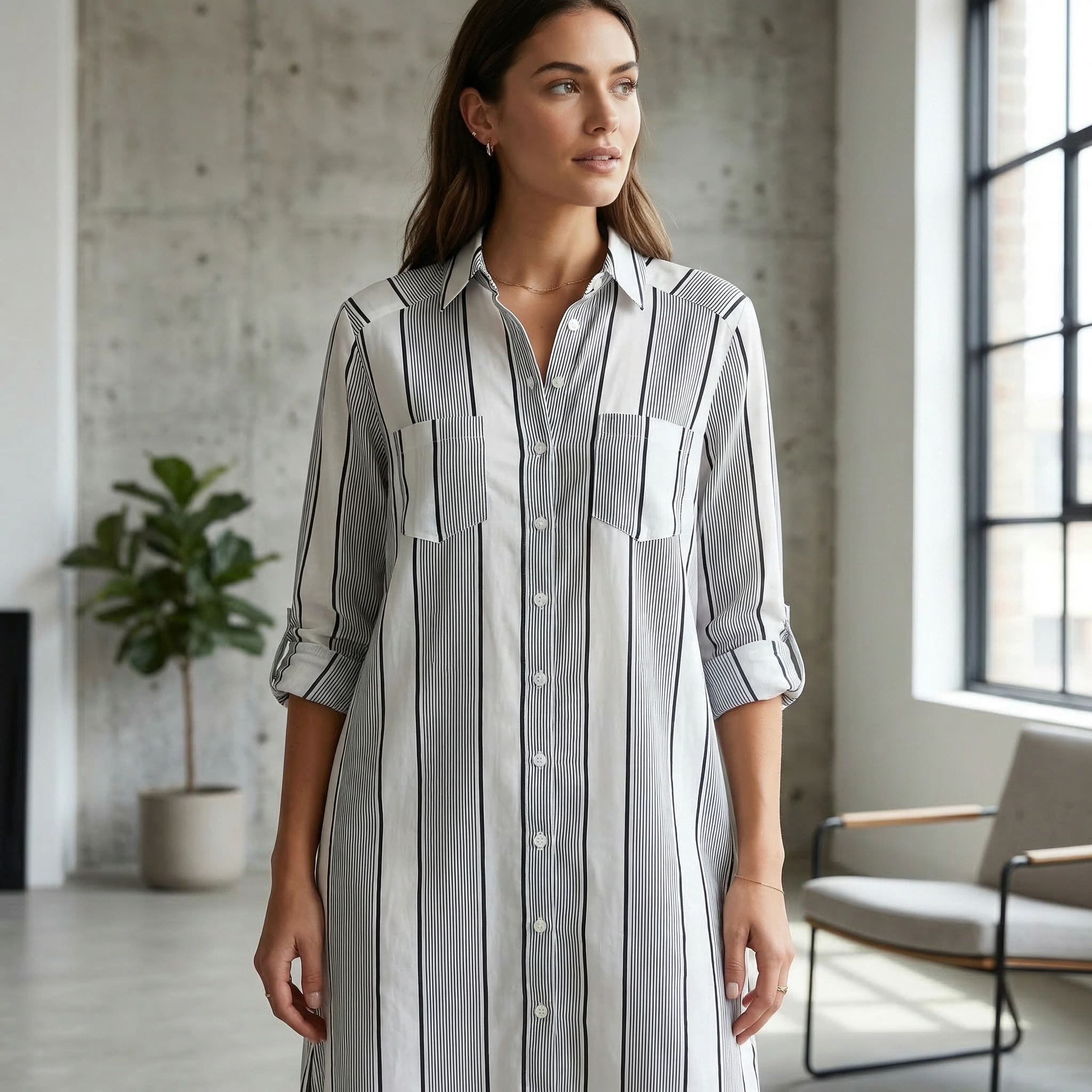 3/4 Foldable Long-sleeve shirt dress with vertical black and white stripes 1